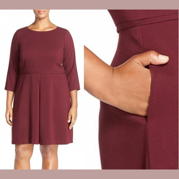 NWT Eliza J [ PLUS SZ 20W ] Pleat Front Fit & Flare Dress in Oxblood‎ Red - Picture 2 of 12